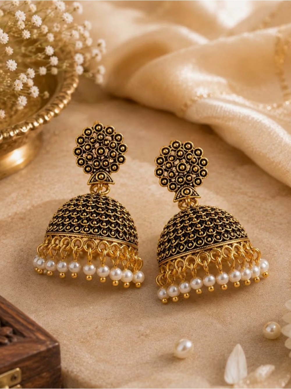 Oxidized Indian Earrings Faux Pearl Jhumki Jhumka Dangle